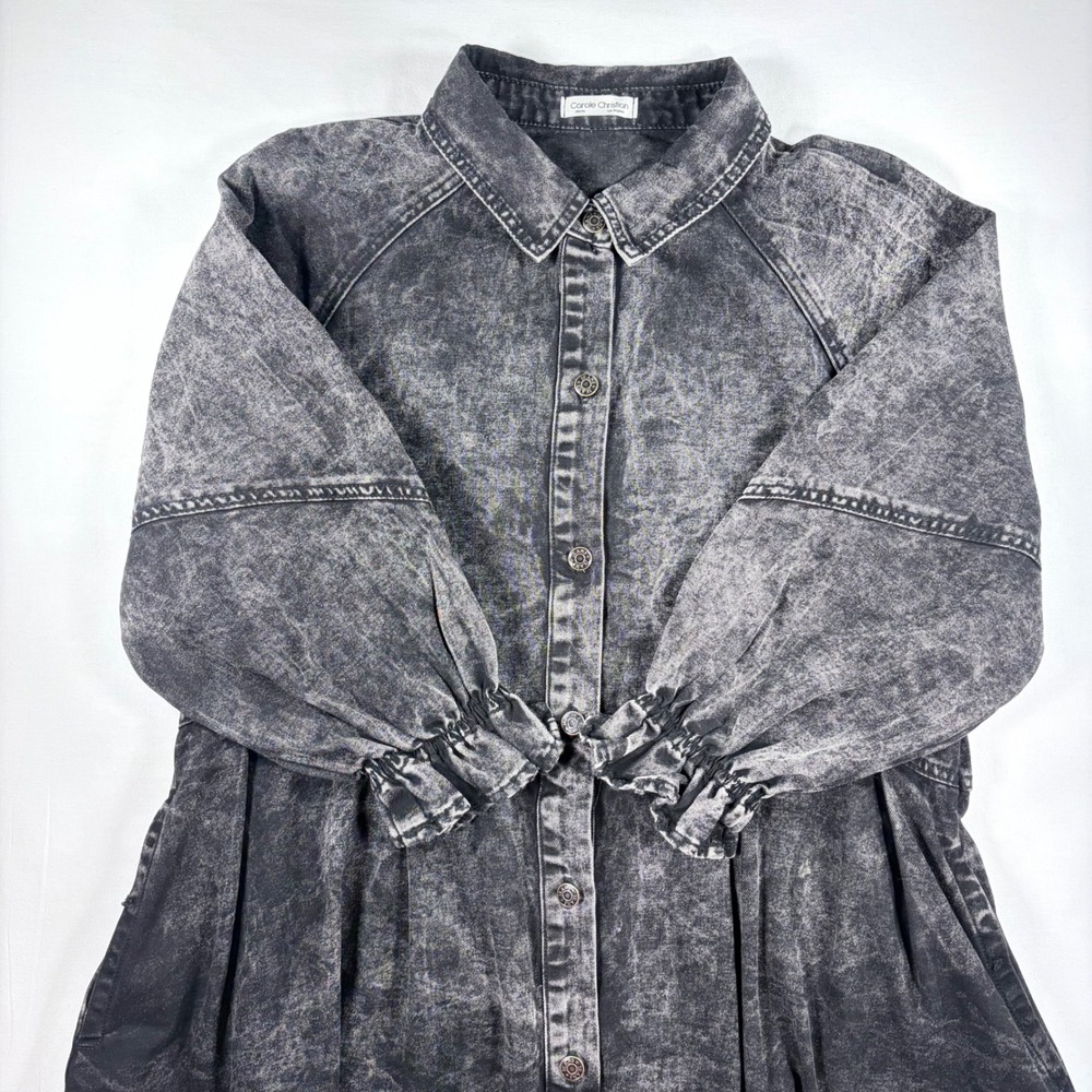 Carole Christian Black Denim Babydoll Dress Sm Long Sleeve Acid Wash 90s grunge